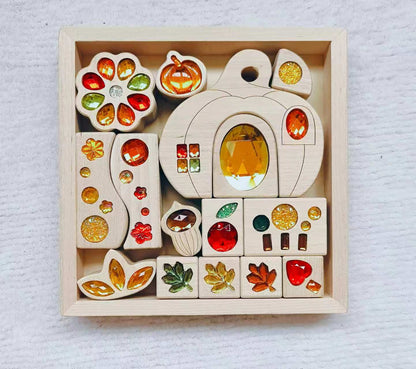 Seasonal Gem Building Blocks Set | Solid Beech Wood & Acrylic Sensory Blocks with Wooden Storage Box