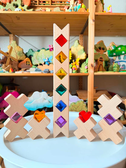 18-Piece Beech Wood Shape Blocks with Crystal Clear Acrylic Inserts | Heart or Star