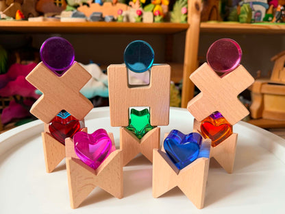 18-Piece Beech Wood Shape Blocks with Crystal Clear Acrylic Inserts | Heart or Star