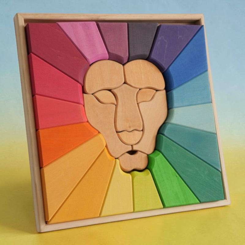 **pre-order (ships in 2-3 weeks)**27-piece handmade stained basswood rainbow lion puzzle | montessori waldorf wooden animal puzzle | open-ended stacking & building toy