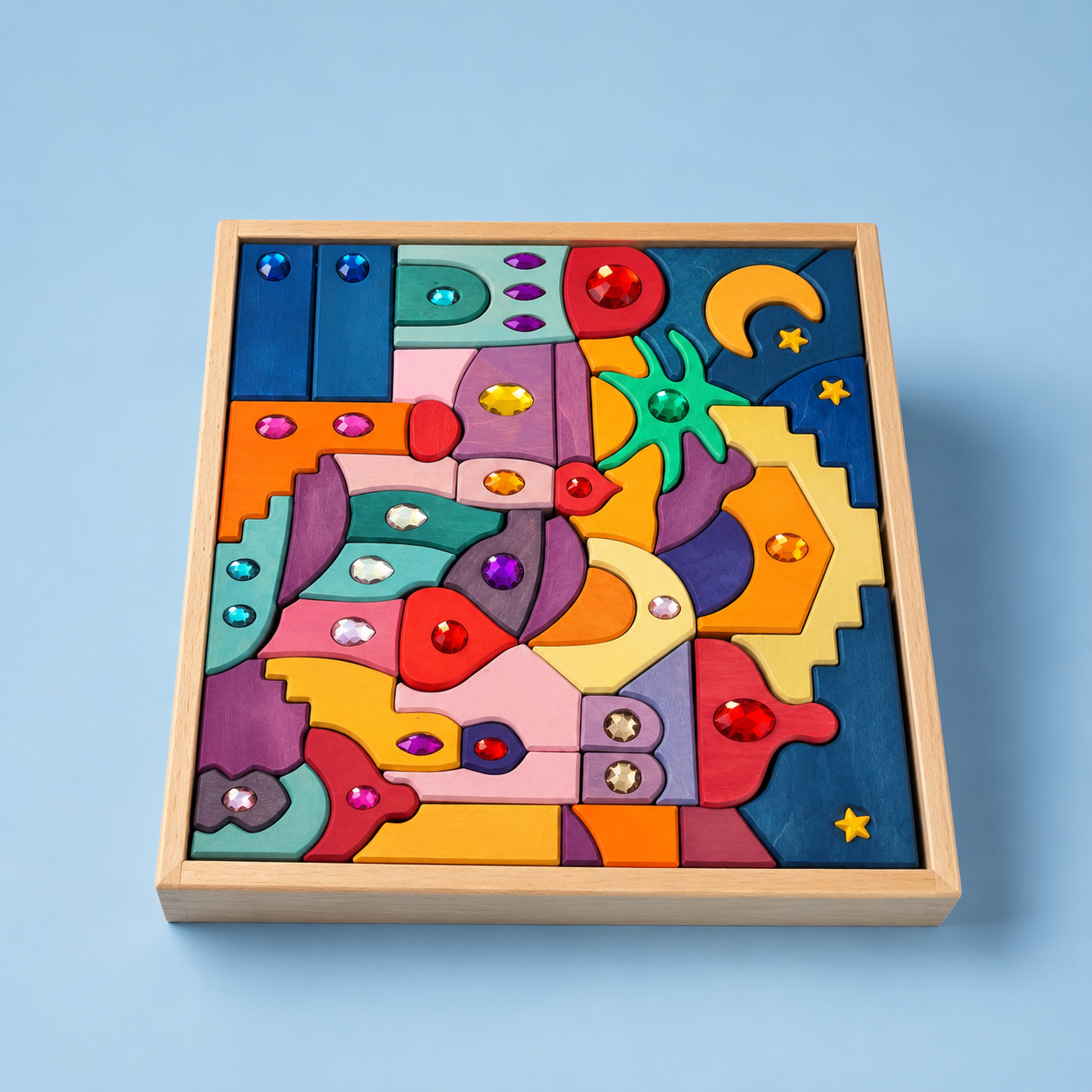 **pre-order (ships in 2-3 weeks)**sparkling mandala orient | stained basswood (linden wood) wooden gem building puzzle | 52-piece fantasy city & landscape set