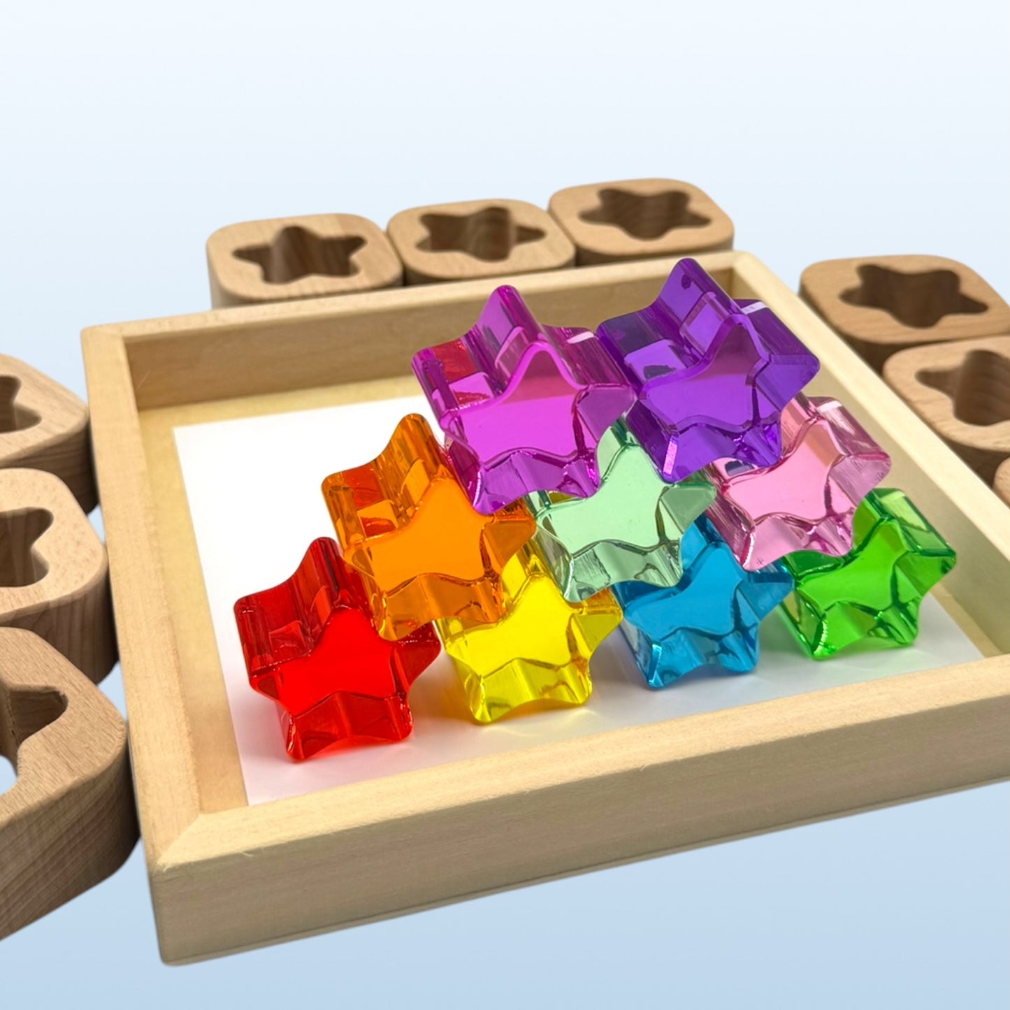 18-piece beech wood shape blocks with crystal clear acrylic inserts | heart or star