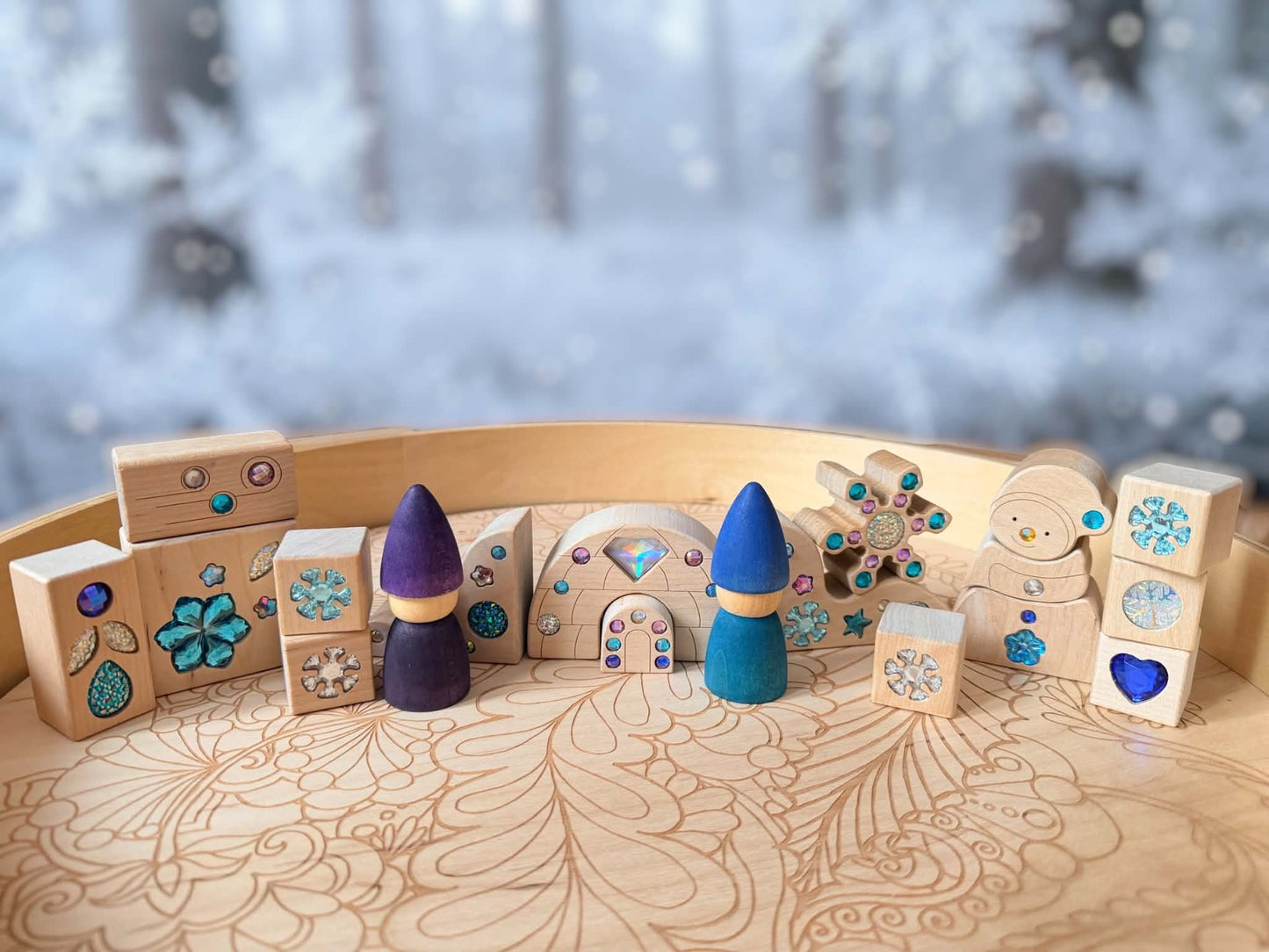 seasonal gem building blocks set | solid beech wood & acrylic sensory blocks with wooden storage box
