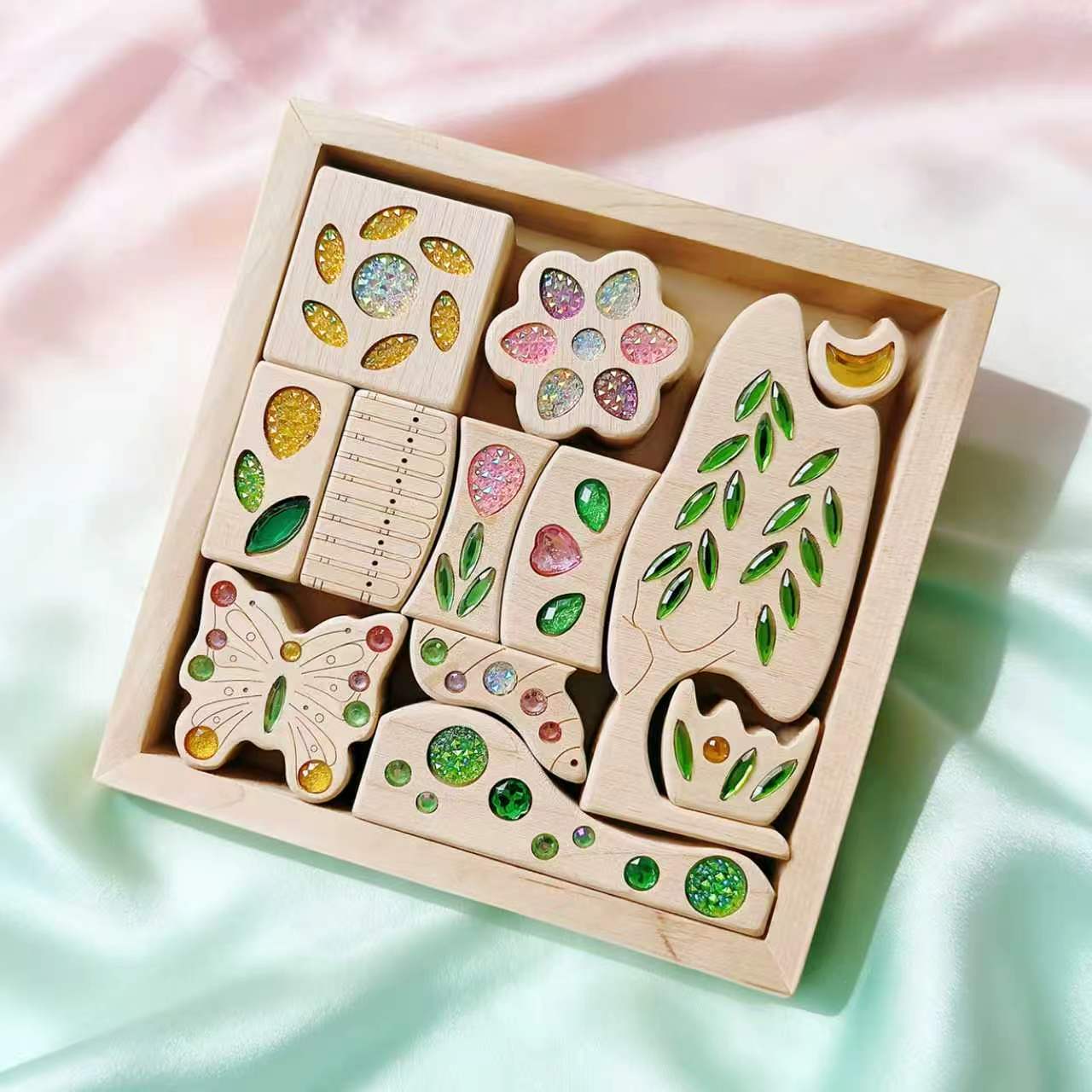 seasonal gem building blocks set | solid beech wood & acrylic sensory blocks with wooden storage box