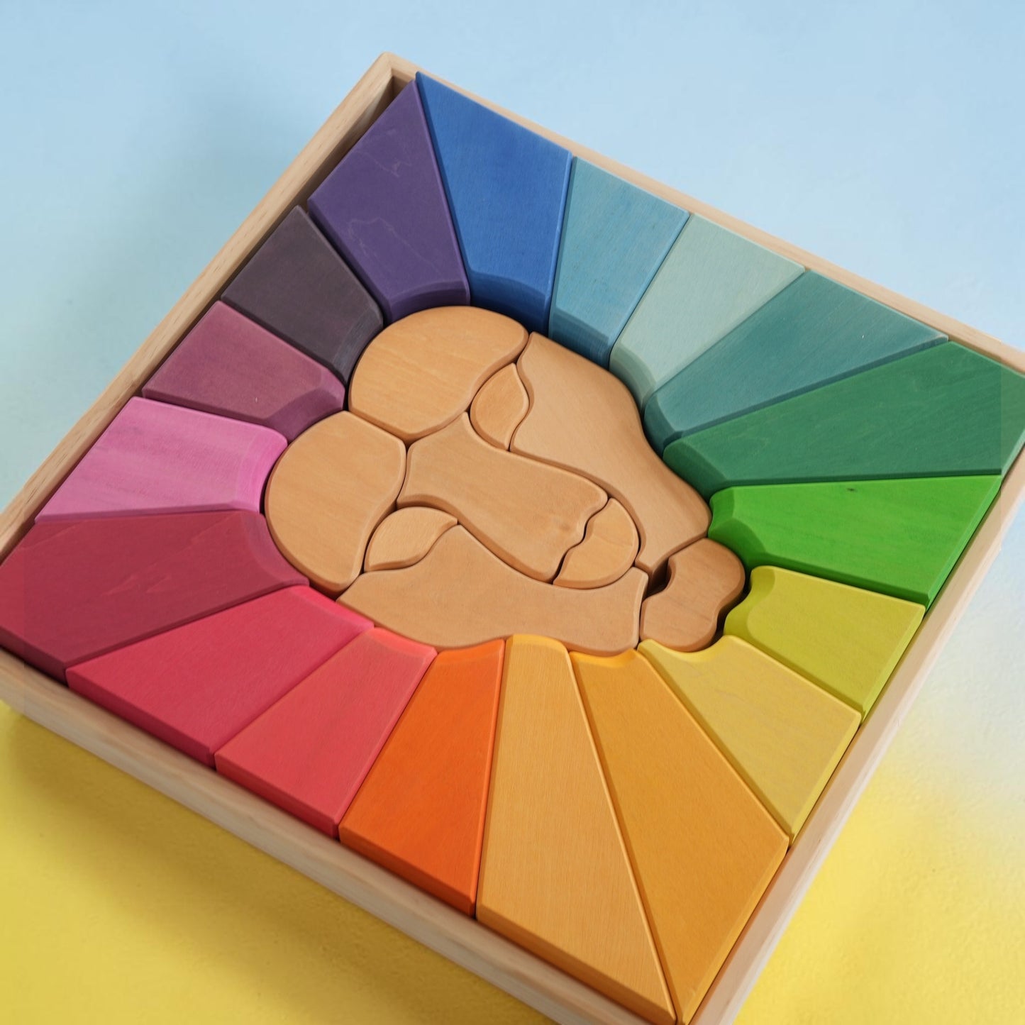 **pre-order (ships in 2-3 weeks)**27-piece handmade stained basswood rainbow lion puzzle | montessori waldorf wooden animal puzzle | open-ended stacking & building toy