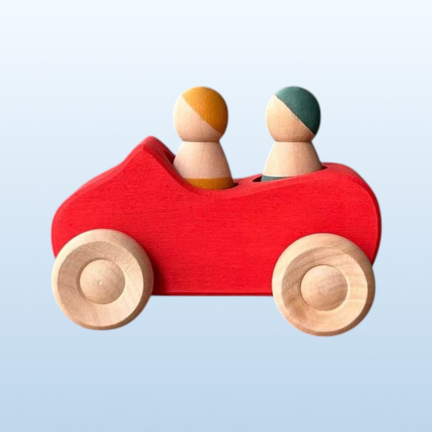 7-piece wooden rainbow cars set with 3 peg dolls | stained basswood or painted beechwood