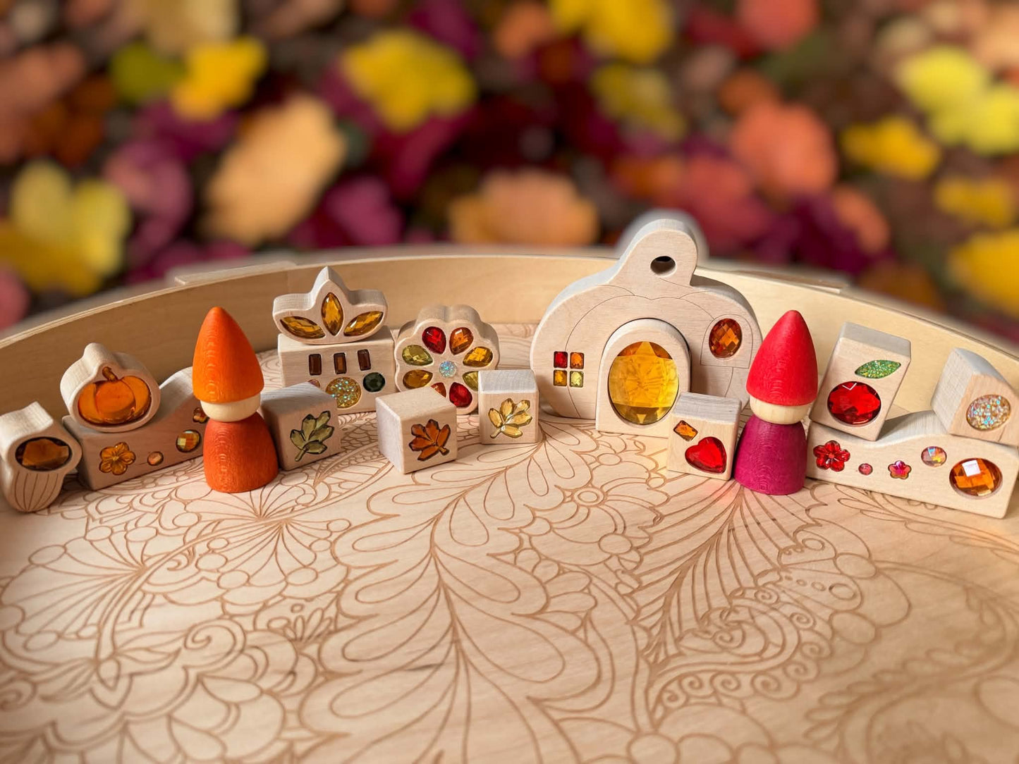 seasonal gem building blocks set | solid beech wood & acrylic sensory blocks with wooden storage box