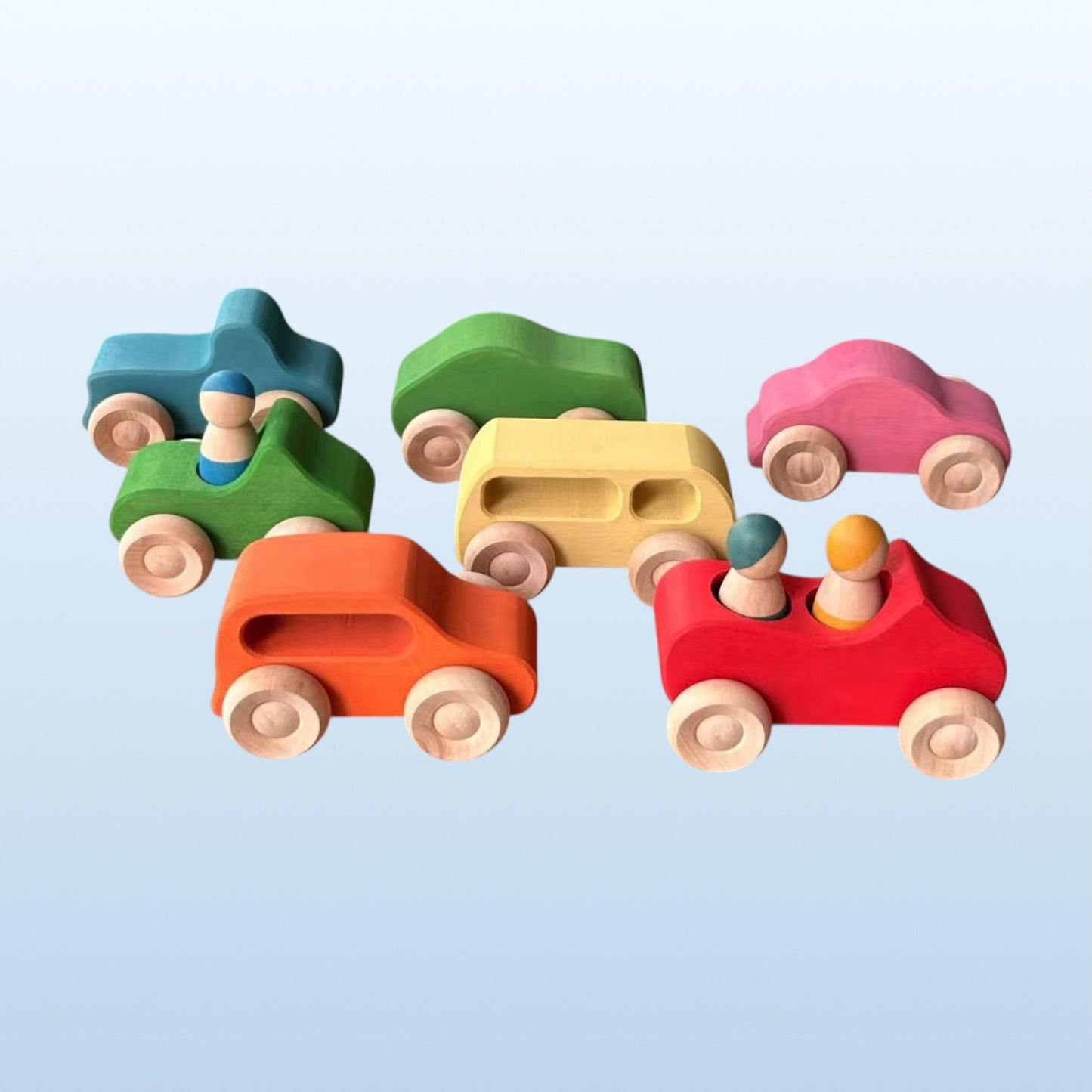 7-piece wooden rainbow cars set with 3 peg dolls | stained basswood or painted beechwood