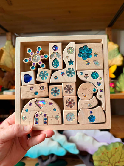 Seasonal Gem Building Blocks Set | Solid Beech Wood & Acrylic Sensory Blocks with Wooden Storage Box
