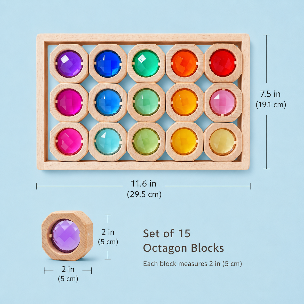 **pre-order (ships in 2-3 weeks)**15-piece octagon gem window blocks | beechwood & acrylic transparent building blocks