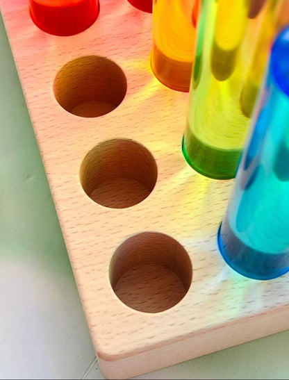 25-Piece Crystal Clear Rainbow Acrylic Cylinders with Beech Wood Base