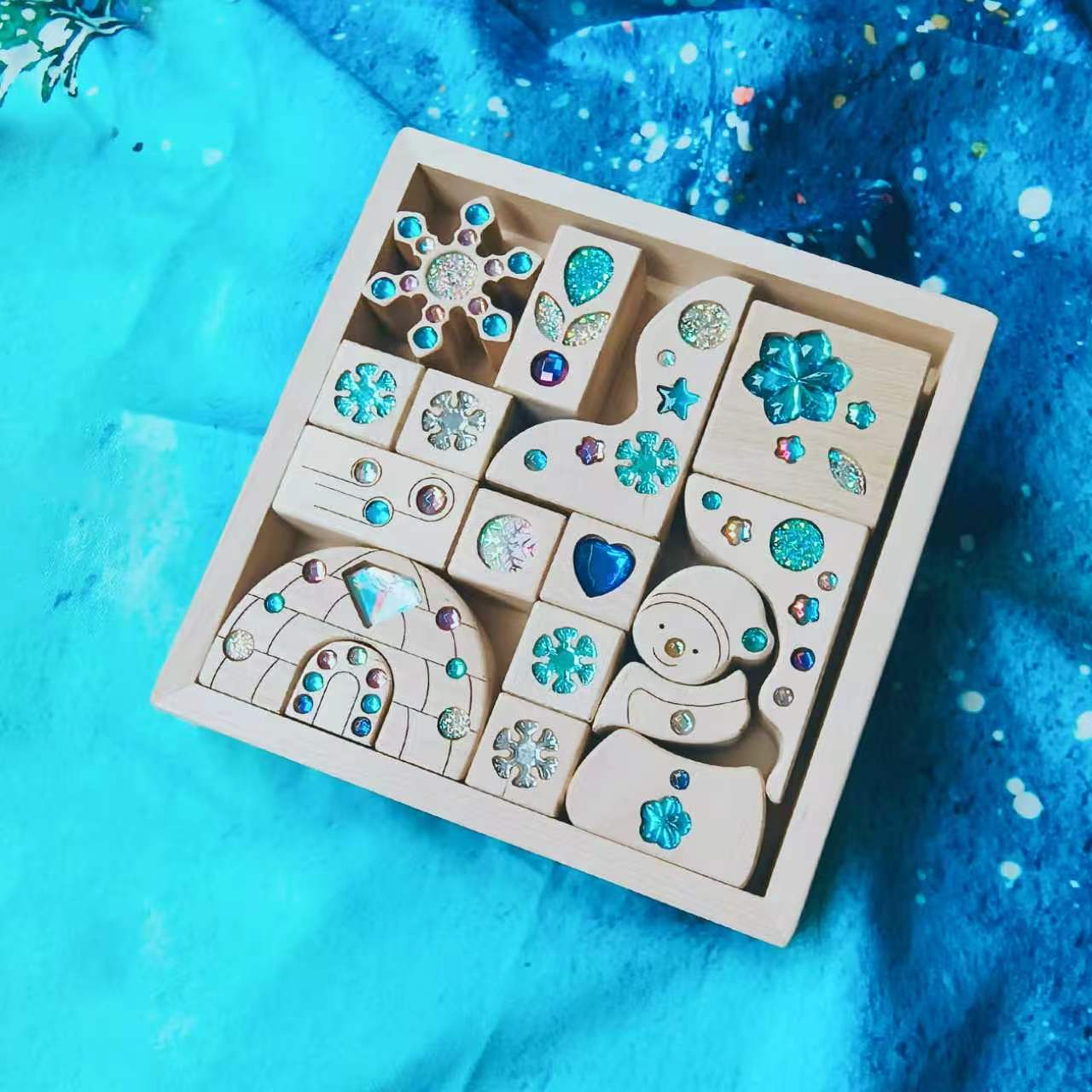 seasonal gem building blocks set | solid beech wood & acrylic sensory blocks with wooden storage box