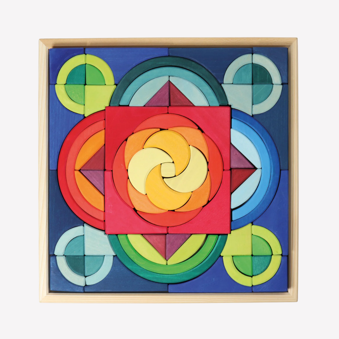 rainbow mandala stained basswood building blocks – 81-piece geometric building set with wooden tray