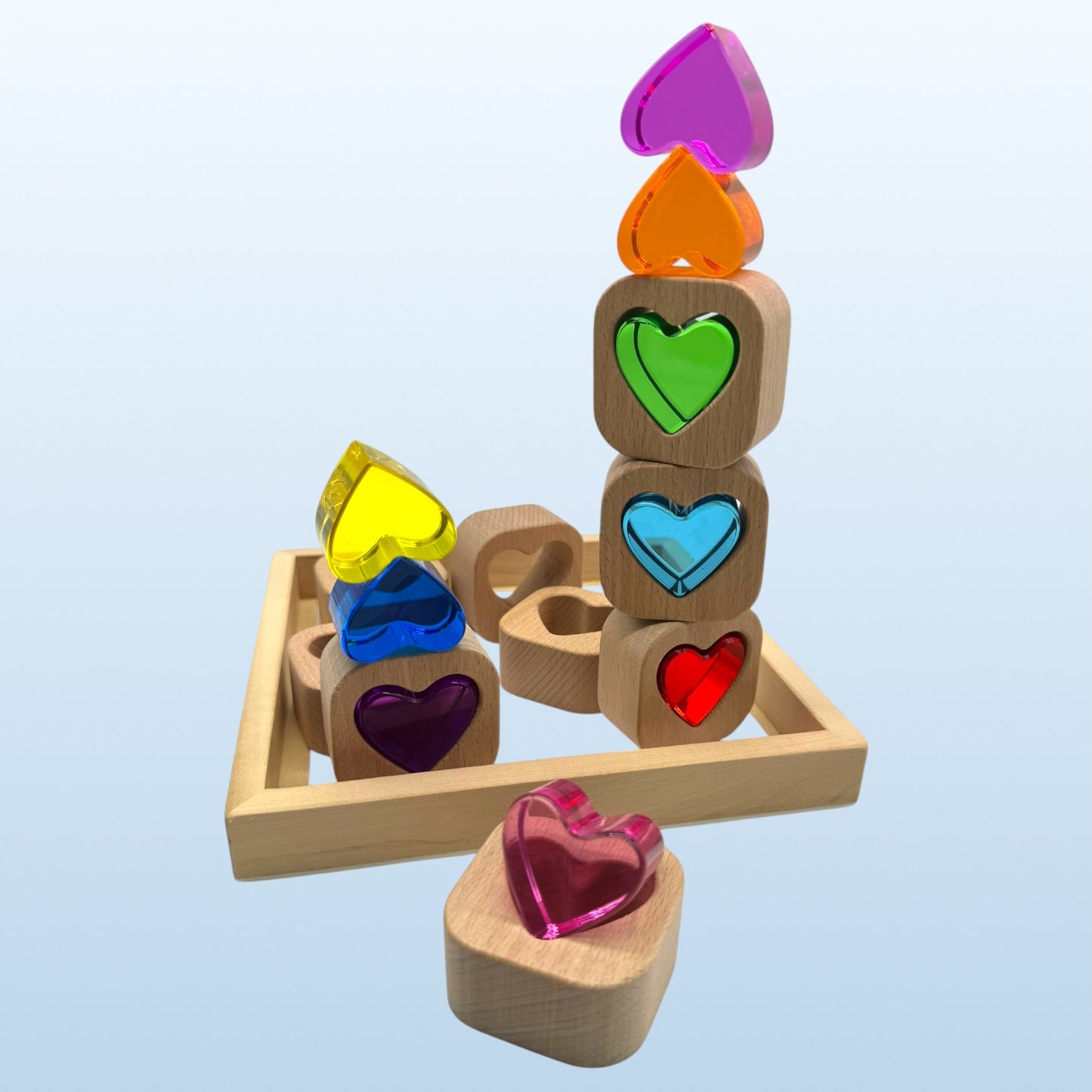 18-piece beech wood shape blocks with crystal clear acrylic inserts | heart or star