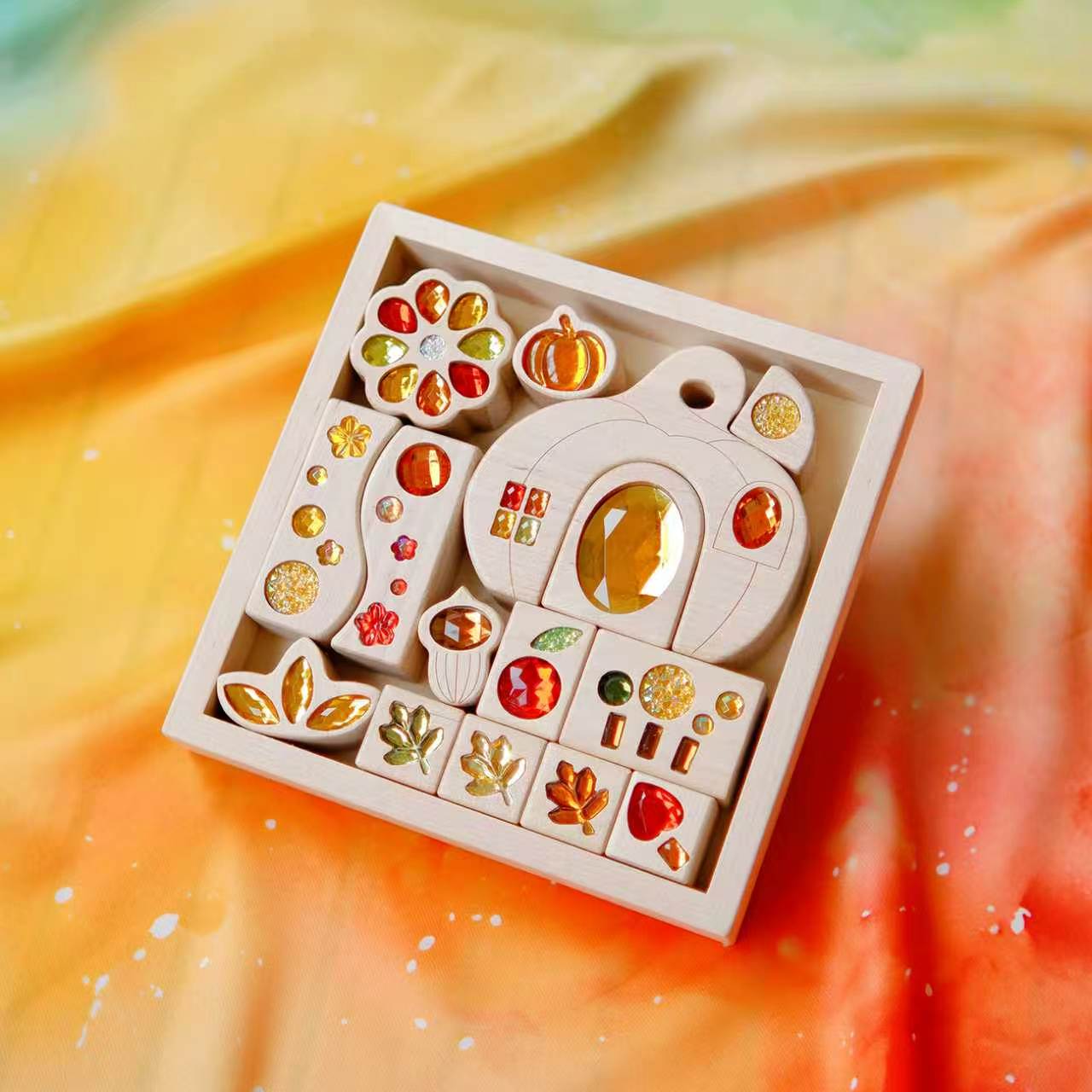 seasonal gem building blocks set | solid beech wood & acrylic sensory blocks with wooden storage box