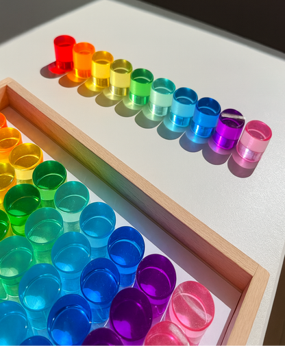 **Pre-order (Ships in 2-3 Weeks)**60 Pcs Crystal-Clear Acrylic Rainbow Cylinders with Wooden Tray