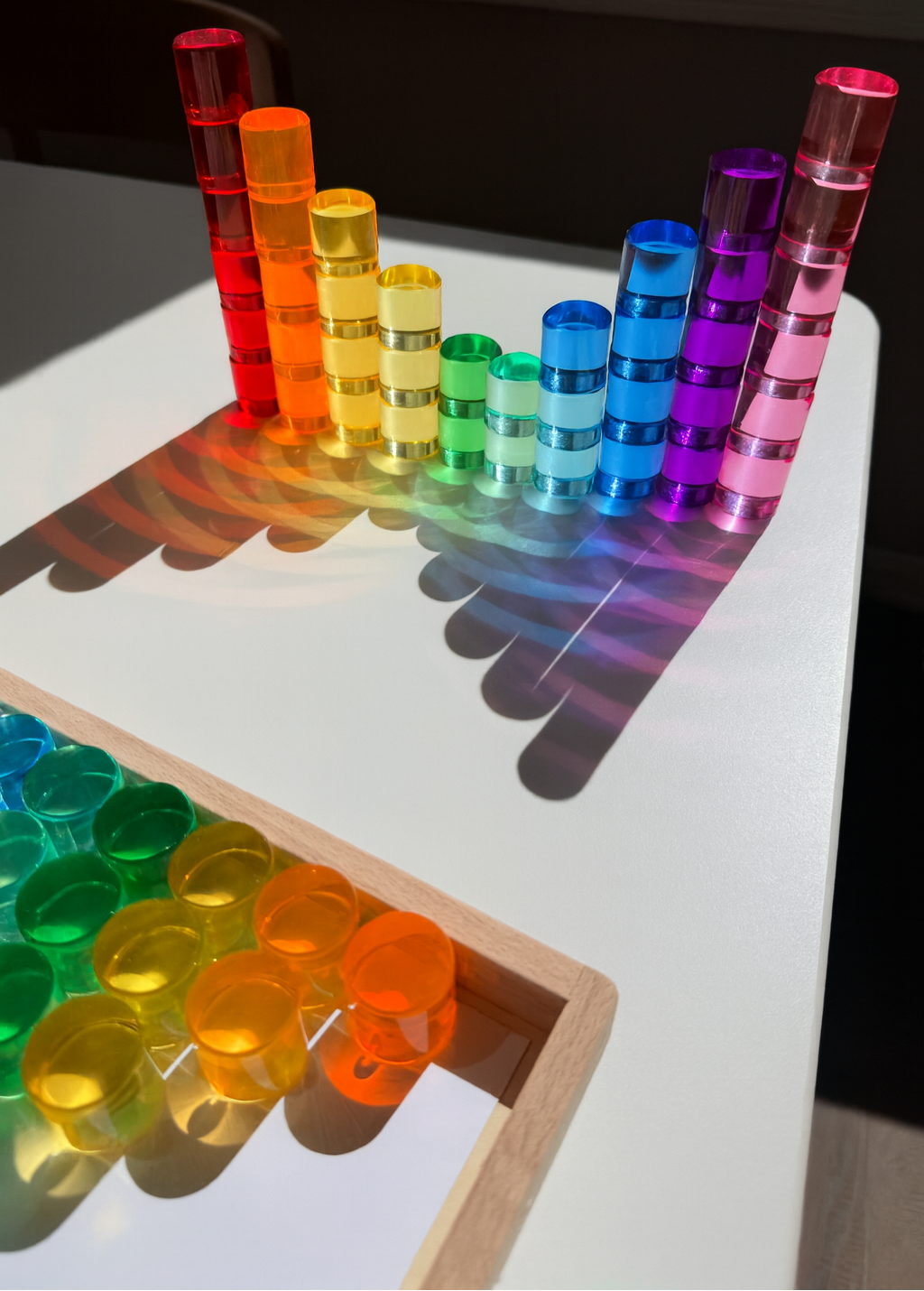 **pre-order (ships in 2-3 weeks)**60 pcs crystal-clear acrylic rainbow cylinders with wooden tray