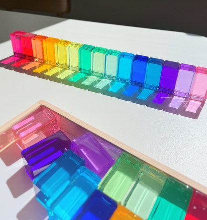 30 Pcs Crystal-Clear Acrylic Rainbow Rectangular Blocks with Wooden Tray