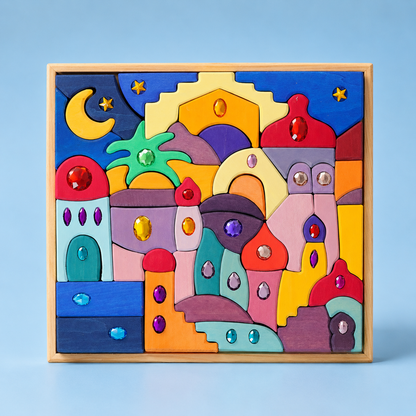 **Pre-order (Ships in 2-3 Weeks)**Sparkling Mandala Orient | Stained Basswood (Linden Wood) Wooden Gem Building Puzzle | 52-Piece Fantasy City & Landscape Set