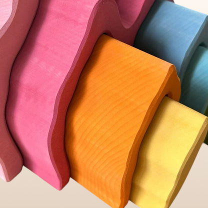 **Pre-order (Ships in 2-3 Weeks)**Handmade Stained Basswood Stacker Collection | Fire, Coral, Wave & Cave | Montessori Waldorf Wooden Open-Ended Toy