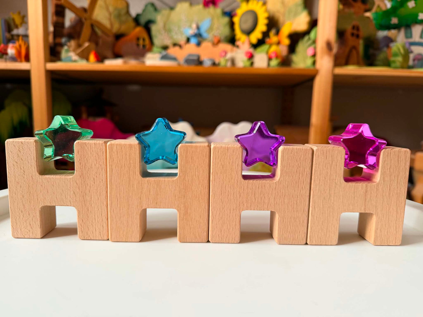 18-piece beech wood shape blocks with crystal clear acrylic inserts | heart or star