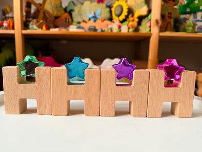 18-Piece Beech Wood Shape Blocks with Crystal Clear Acrylic Inserts | Heart or Star