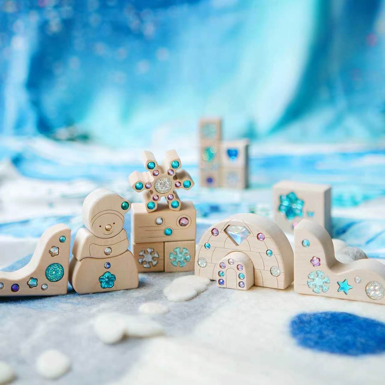 seasonal gem building blocks set | solid beech wood & acrylic sensory blocks with wooden storage box