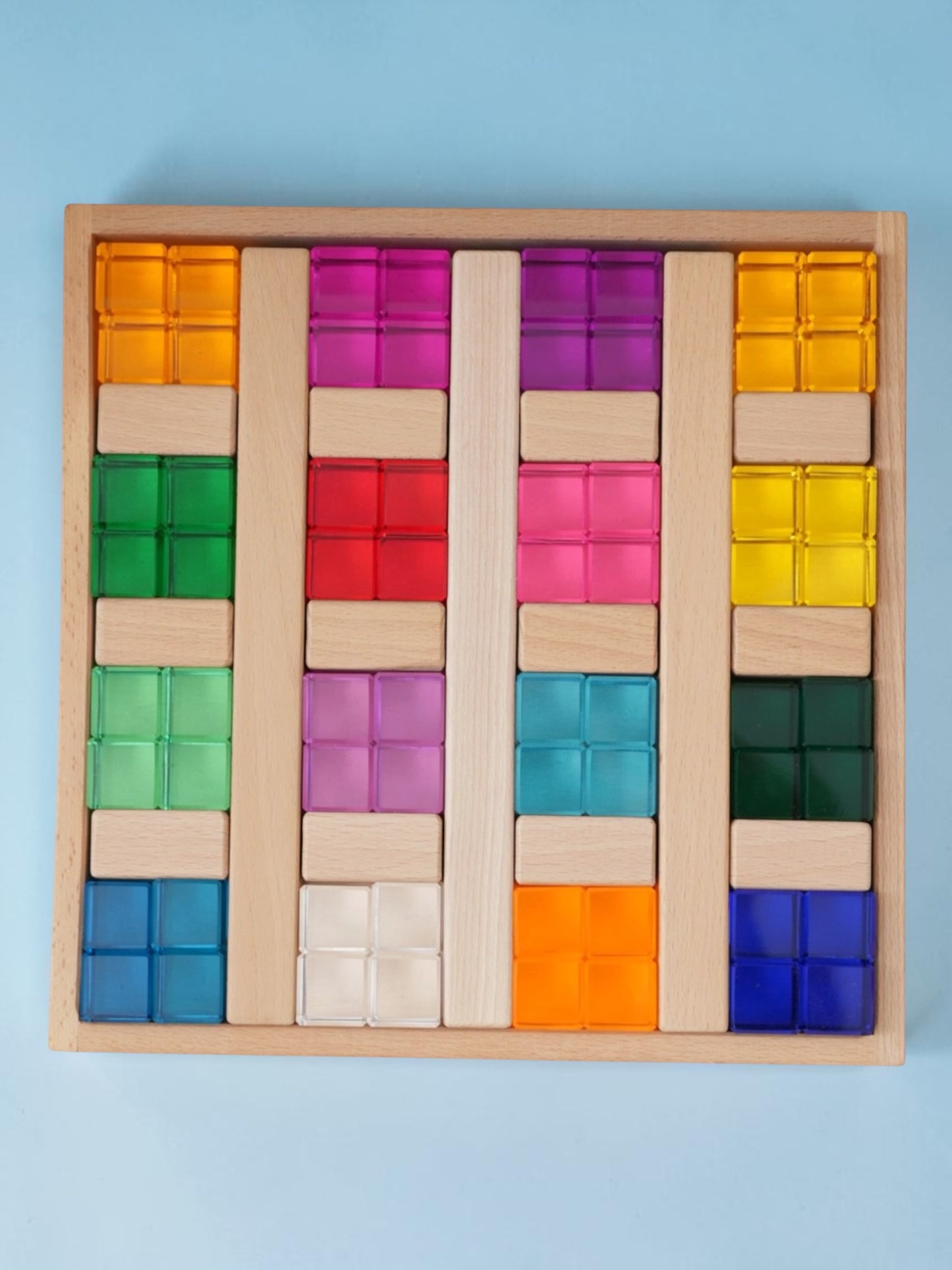 **pre-order (ships in 2-3 weeks)**64-piece rainbow crystal stones & interlocking slats building set with storage tray