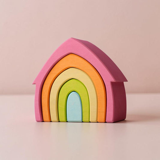 5-Piece Pastel Rainbow House – Stained Basswood Wooden Stacking Blocks