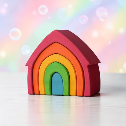 **Pre-order (Ships in 2-3 Weeks)**5-Piece Primary Rainbow House – Stained Basswood Wooden Stacking Blocks