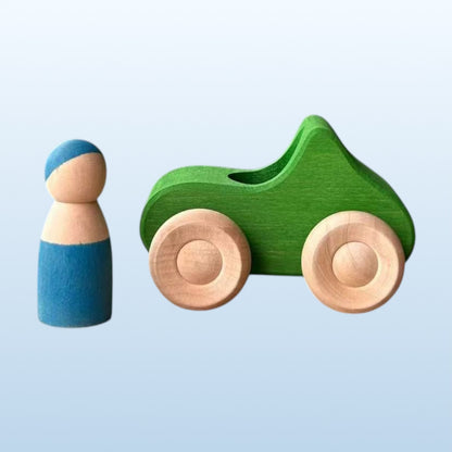 7-Piece Wooden Rainbow Cars Set with 3 Peg Dolls | Stained Basswood or Painted Beechwood