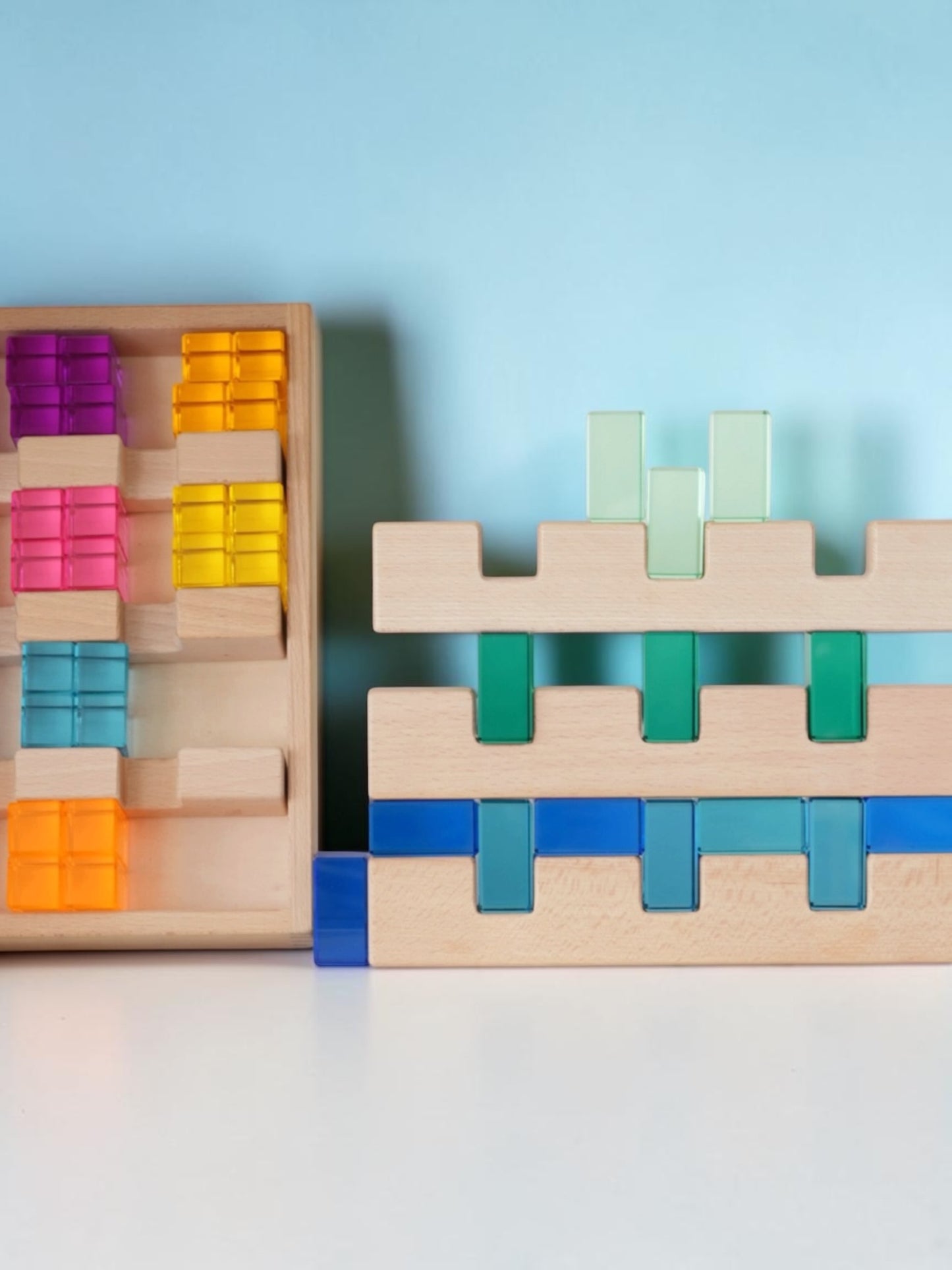 **pre-order (ships in 2-3 weeks)**64-piece rainbow crystal stones & interlocking slats building set with storage tray