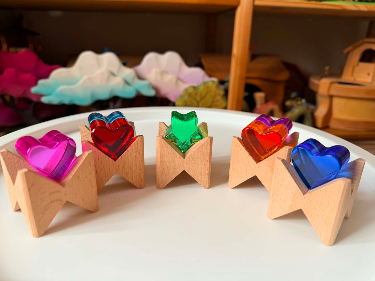 18-piece beech wood shape blocks with crystal clear acrylic inserts | heart or star