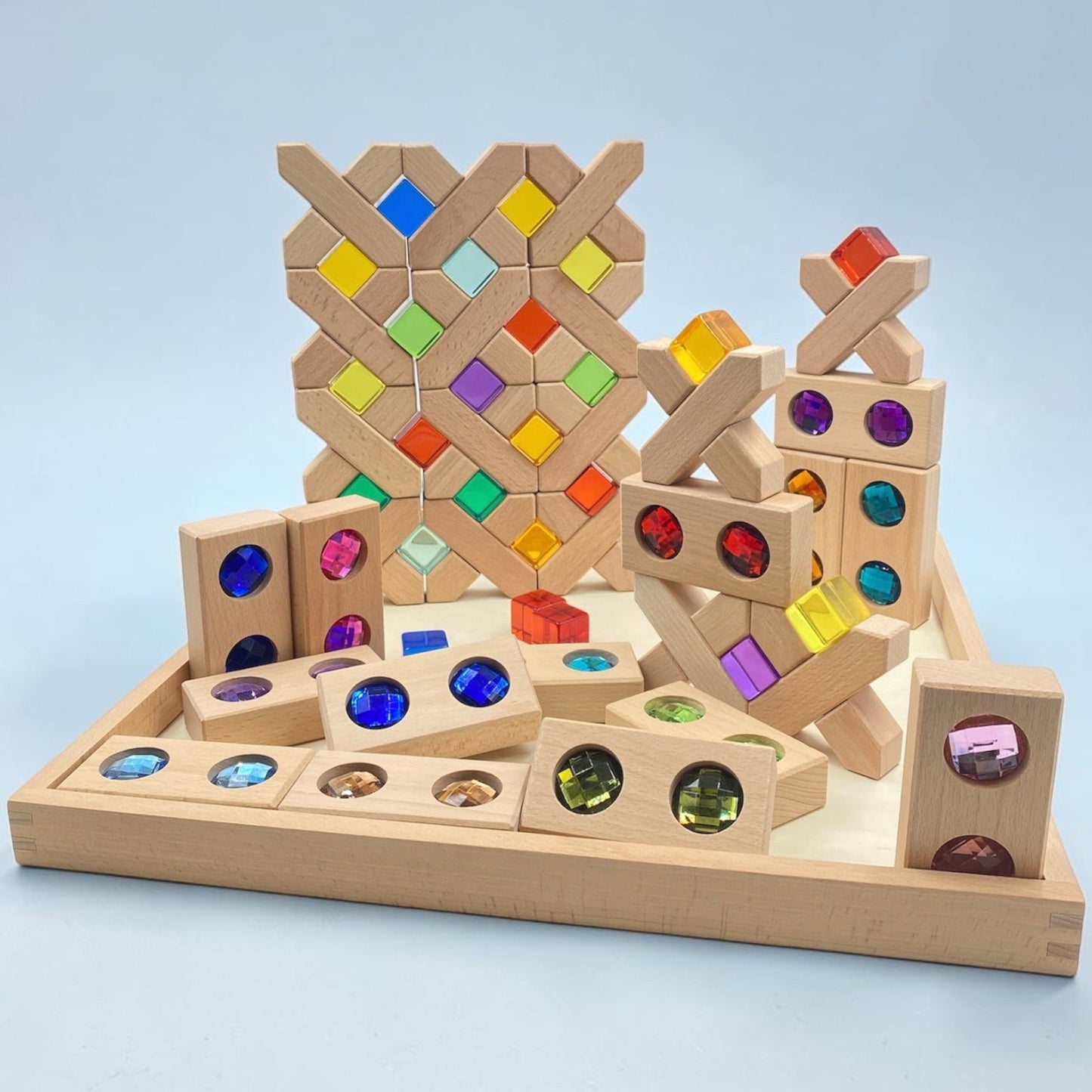 54 pcs combination set with x-shape and rectangular gemmed blocks and lucite cubes