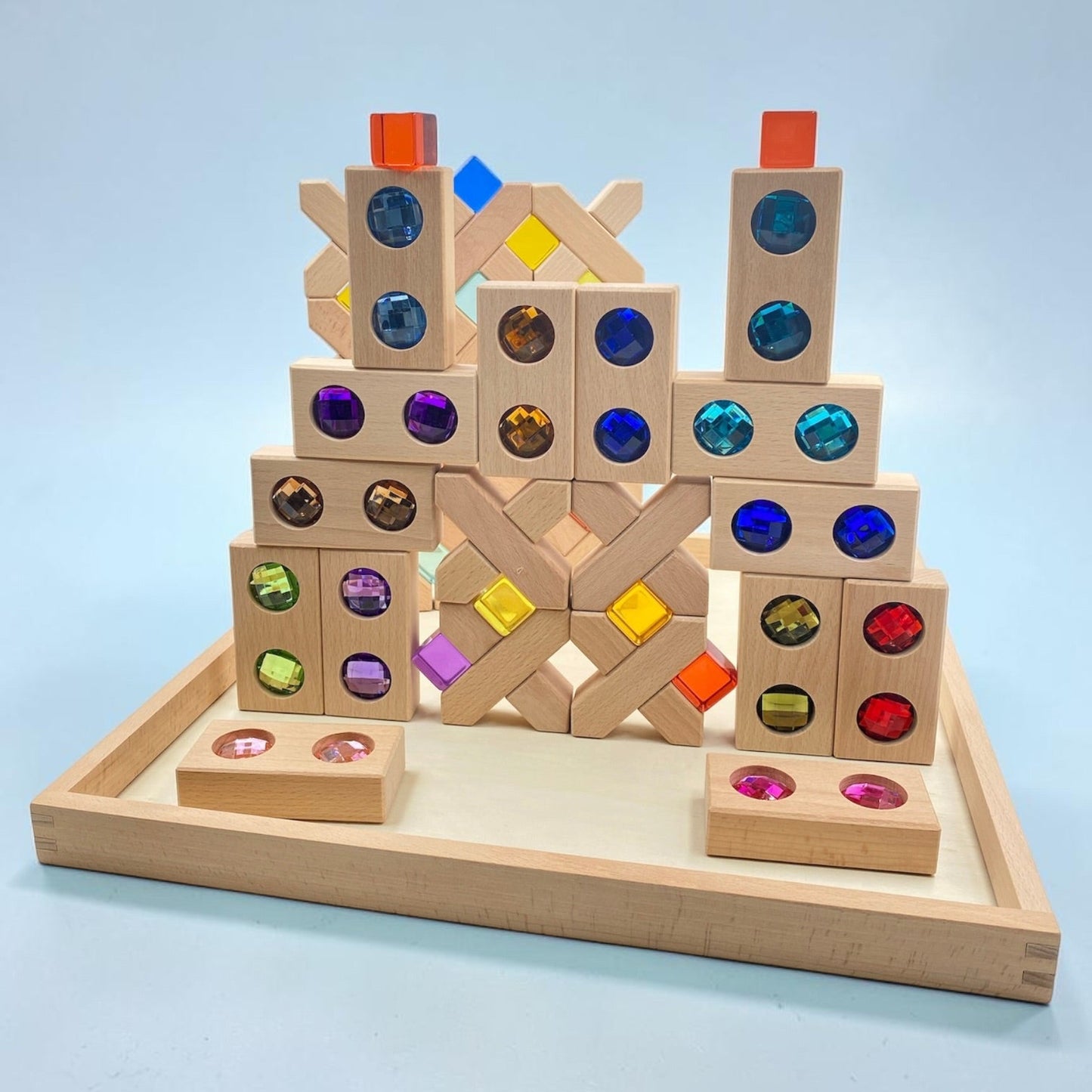 54 pcs combination set with x-shape and rectangular gemmed blocks and lucite cubes