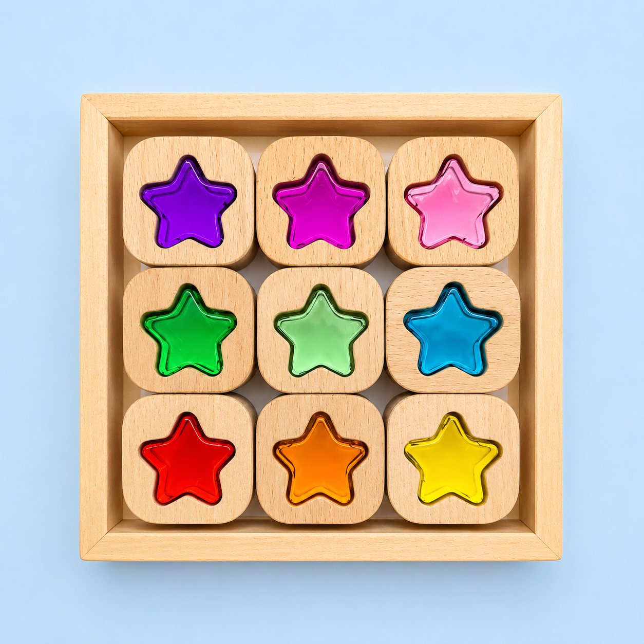 18-piece beech wood shape blocks with crystal clear acrylic inserts | heart or star