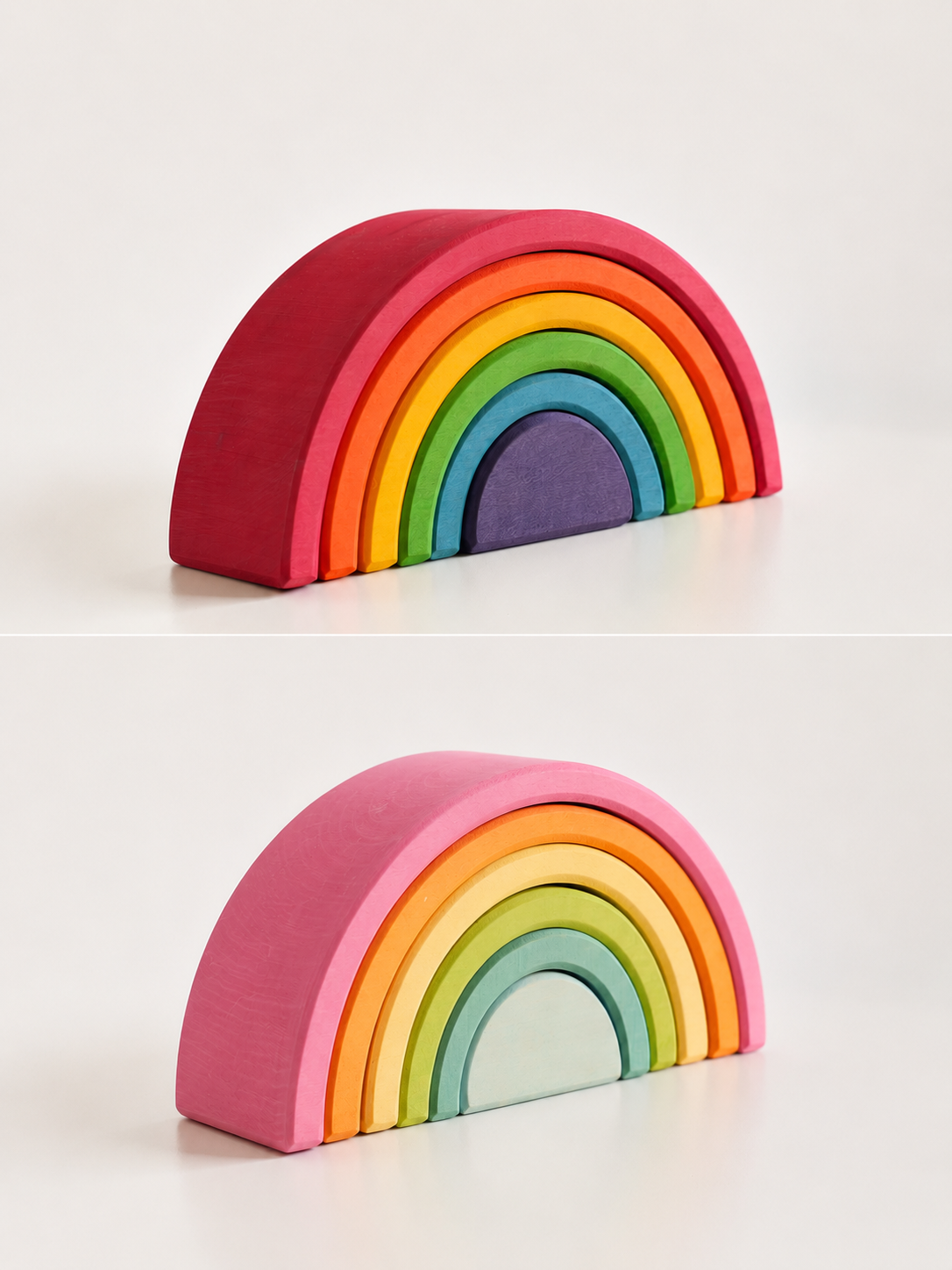 **pre-order (ships in 2–3 weeks)**6-piece small stained basswood (linden wood) rainbow stacker | classic rainbow & pastel