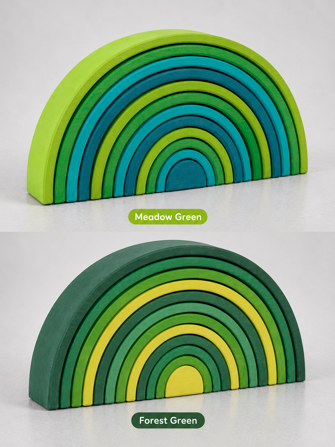 12-piece stained large basswood rainbow stacking blocks | meadow green & forest green