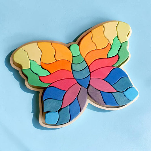 **Pre-order (Ships in 2-3 Weeks)**37-Piece Handmade Stained Basswood (Linden Wood) Butterfly Puzzle | Montessori Wooden Stacking & Open-Ended Building Toy
