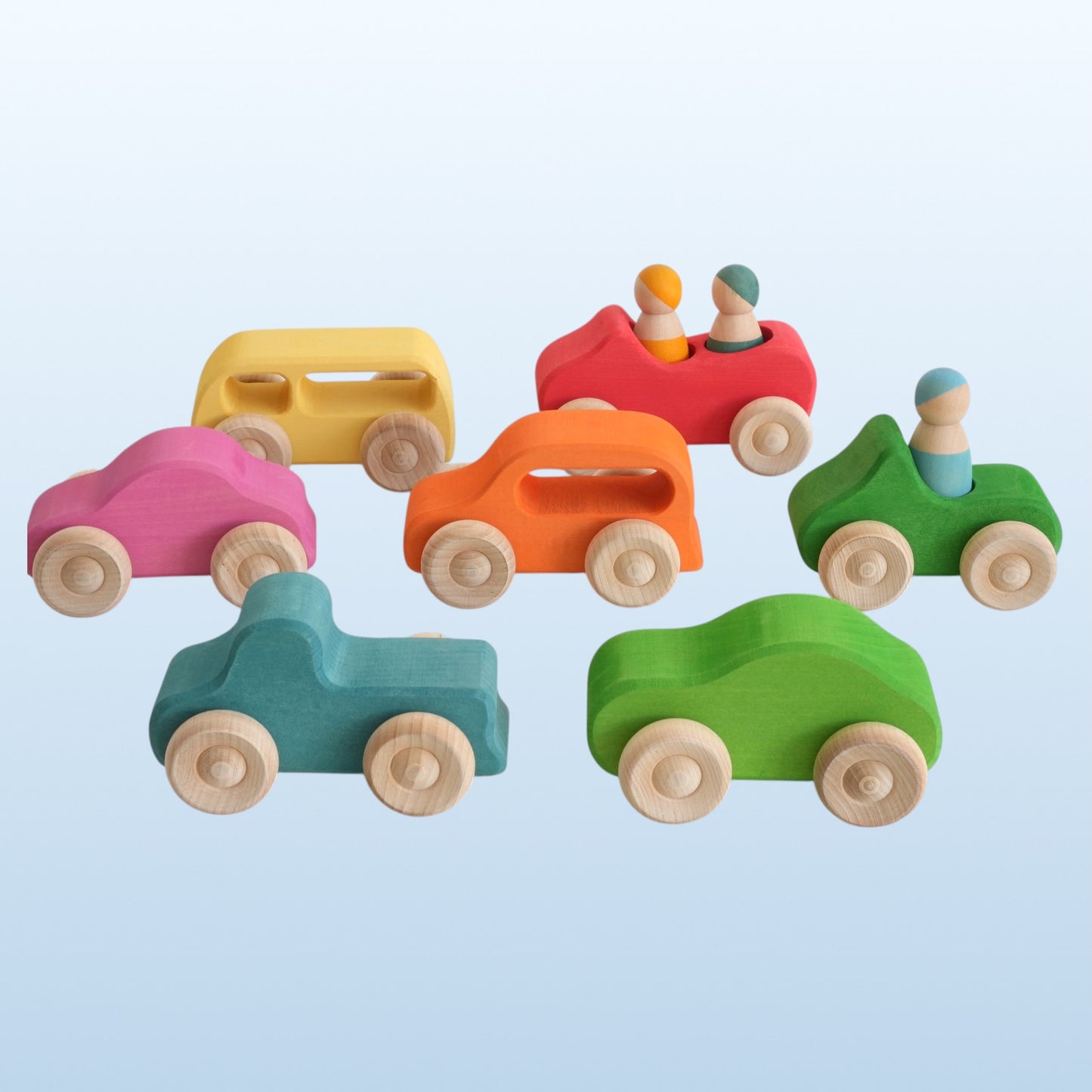 7-piece wooden rainbow cars set with 3 peg dolls | stained basswood or painted beechwood