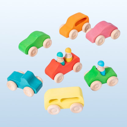 7-Piece Wooden Rainbow Cars Set with 3 Peg Dolls | Stained Basswood or Painted Beechwood