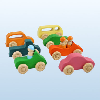 7-Piece Wooden Rainbow Cars Set with 3 Peg Dolls | Stained Basswood or Painted Beechwood