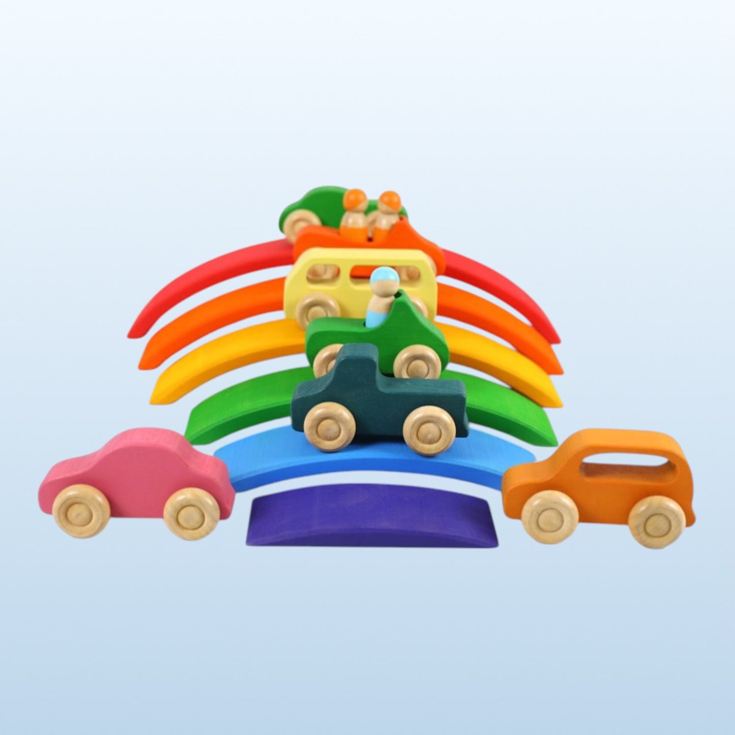 7-piece wooden rainbow cars set with 3 peg dolls | stained basswood or painted beechwood
