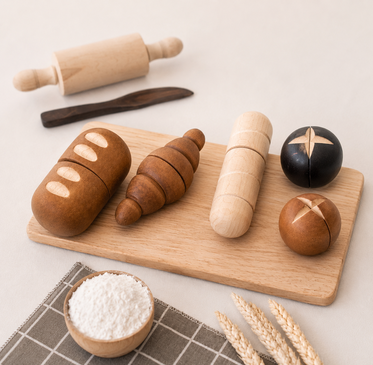 5-piece wooden bread play food set | realistic bakery pretend play toy