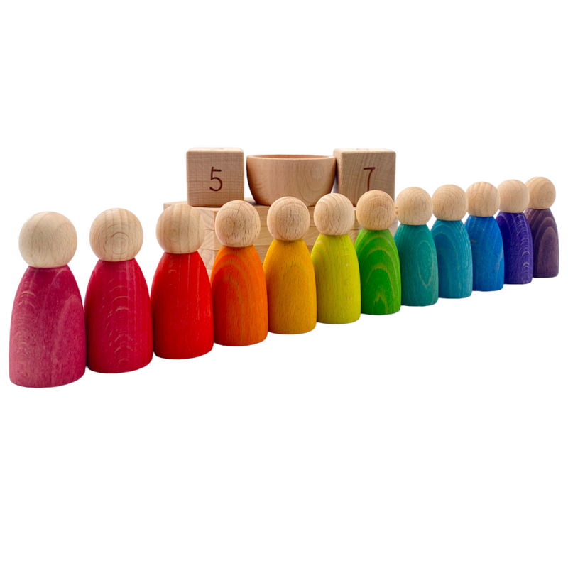 Wooden Perpetual Calendar with 12 Stained Rainbow Peg Figures