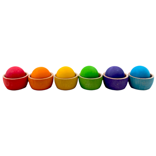 6 Stained Rainbow Wooden Bowls & Balls Set For Matching and Sorting