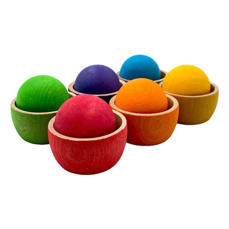6 Stained Rainbow Wooden Bowls & Balls Set For Matching and Sorting