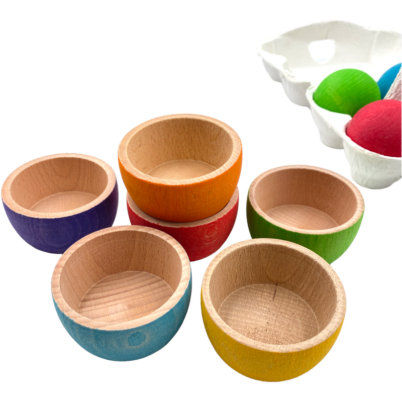6 Stained Rainbow Wooden Bowls & Balls Set For Matching and Sorting