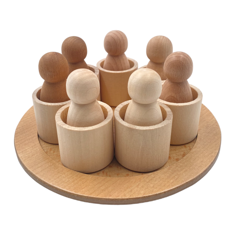 7 Different Skin Stones Natural Wooden Peg Dolls in Bowls