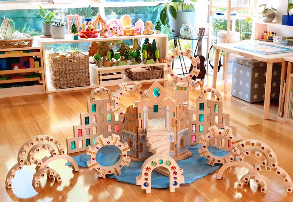 wooden gem sun wreath building ring – beech wood double-sided gem building toy with 8 slots